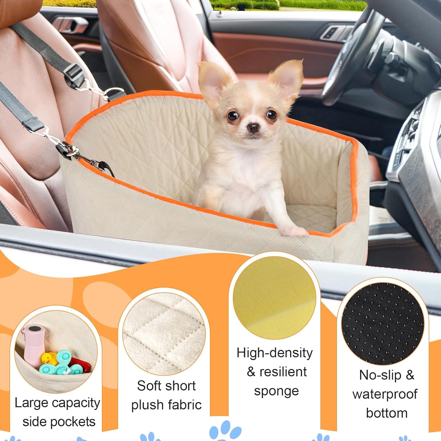 Dog Car Seat for Small Dogs, Memory Foam Booster Dog Seat for Dogs up to 35 lbs, Elevated Pet Car Seat, Travel Safety Pet Seat with Washable Removable Cover, Storage Pockets (Beige)