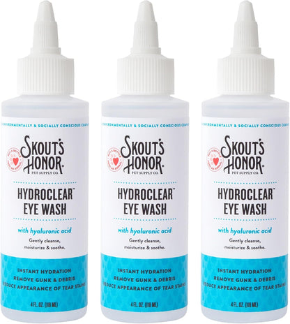 SKOUT'S HONOR HydroClear Eye Wash with Hyaluronic Acid, 4oz Bottle - Non-Medicated, Daily Eye Care for Dogs & Cats, 3-Pack