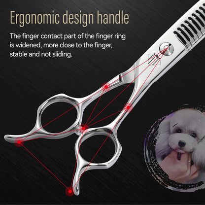 Professional Dog Grooming Scissors, 85% Thinning Rate, 25° Curved Blade, JP440C Steel, 7.0" Ergonomic Handle