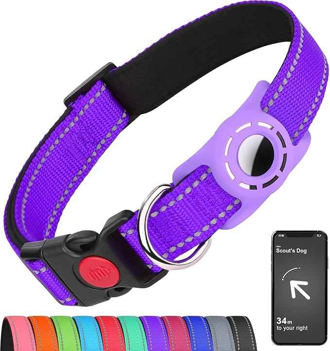 AirTag Dog Collar with AirTag Holder Compatible for Air Tag, Reflective Soft Padded, Safety Locking Buckle, Adjustable Nylon for Small Medium Large Dogs (Purple,XL)