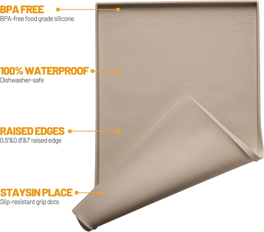 Hubulk Dog Feeding Mat,100% Waterproof Food Grade Silicone Pet Food and Water Bowl Placemat,Dishwasher, High Raised Edge to Prevent Spills,Nonslip Tray to Stop Messes on Floor(28"x18"x0.8", Taupe)