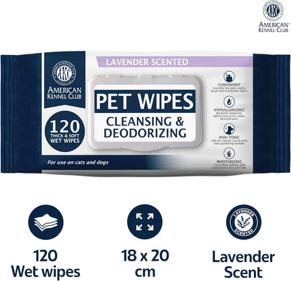 AKC Pet Wipes for Dogs & Cats – Hypoallergenic, Alcohol-Free Wipes for Paws, Face, Ears & Coat – Thick, Gentle Cleaning with Natural Aloe – Available in Lavender, Fresh & Oatmeal Scents