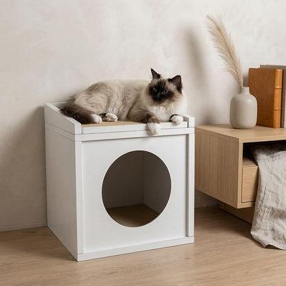 Meowdium Cat House – Cat Condo with Cardboard Scratcher, Scratching Post, Bed & Toy Storage, Cozy Cat Furniture & Accessories for Indoor Cats, White