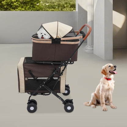 Foldable Pet Stroller for Small & Medium Dogs, Double Dog & Cat Stroller with 3-in-1 Travel System, Detachable Pet Carrier with Wheels for Cats and Dogs up to 77 lbs, Coffee Color - Pawvie