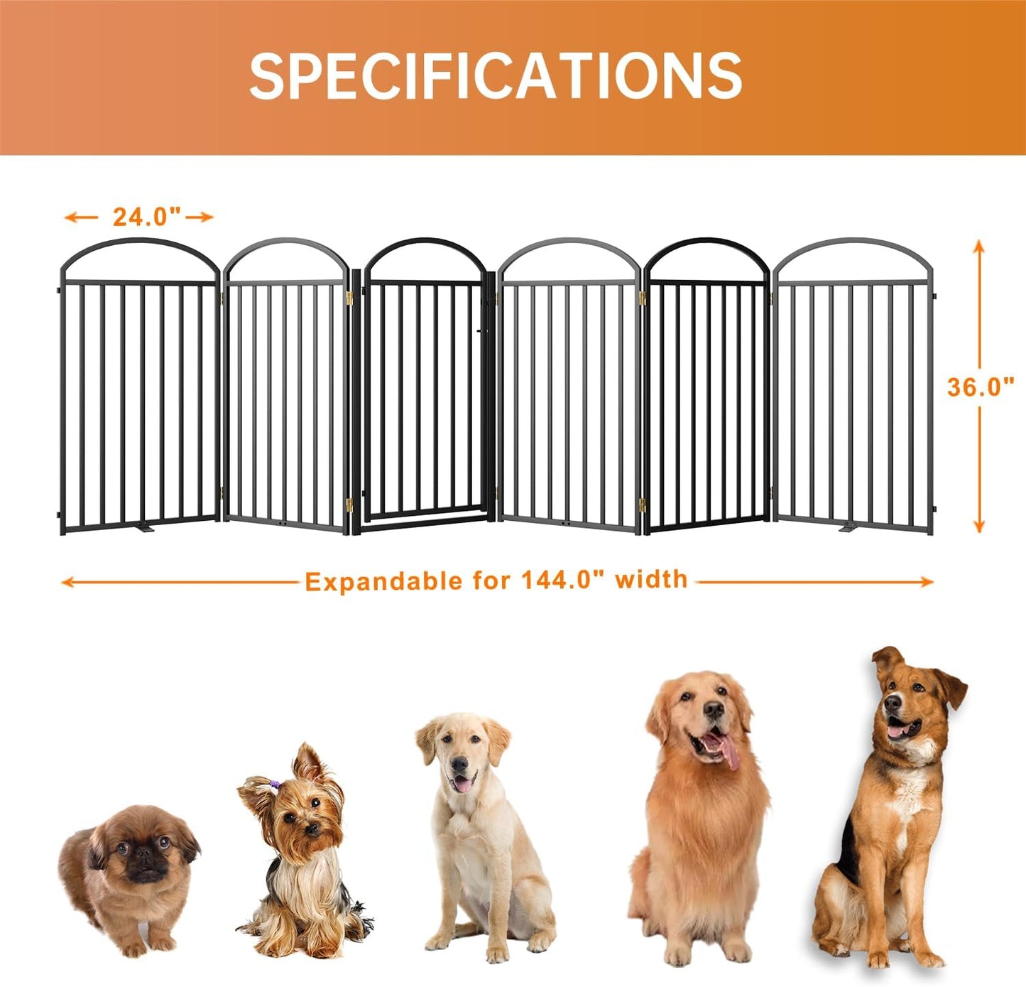 6 Panles Full Matel Freestanding Dog Gates with Door, 144"Extra Wide 36"Tall Free Standing Dog Pet Gate for Indoor & Outdoor. Foldable Pet Fences for Doorways, House, Stairs, Porch, Deck, Yard
