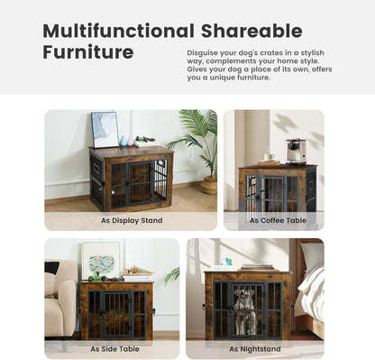 Gardner Pet Dog Crate Furniture for Medium Dogs, 32.7 Inch Dog Kennel Indoor, Wooden Dog Cage End Table with 2 Removable Bowls, Heavy Duty Dog Crate, Rustic Brown