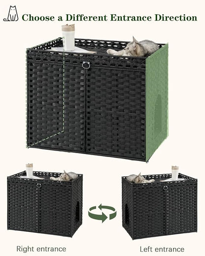 Cat Litter Box Enclosure Furniture, Hidden Litter Box, Cat Litter Box Cabinet with 2 Litter Mats, Handwoven Rattan Large Space Cat House, Indoor for Living Room, Bedroom, Apartment Black