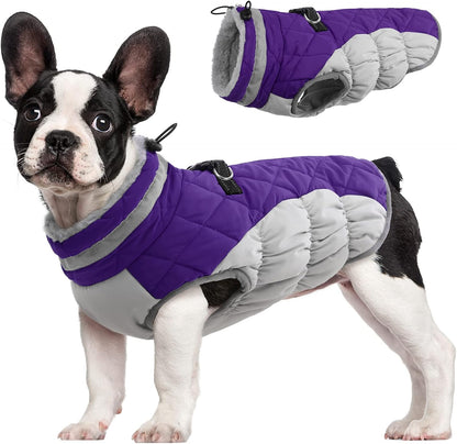 FUAMEY Dog Coat for Small Dogs,Waterproof Dog Winter Jacket with Harness Built in Puppy Cold Weather Coats Reflective Pet Vest with Zipper Warm Fleece Dogs Snowsuit Windproof Purple XS