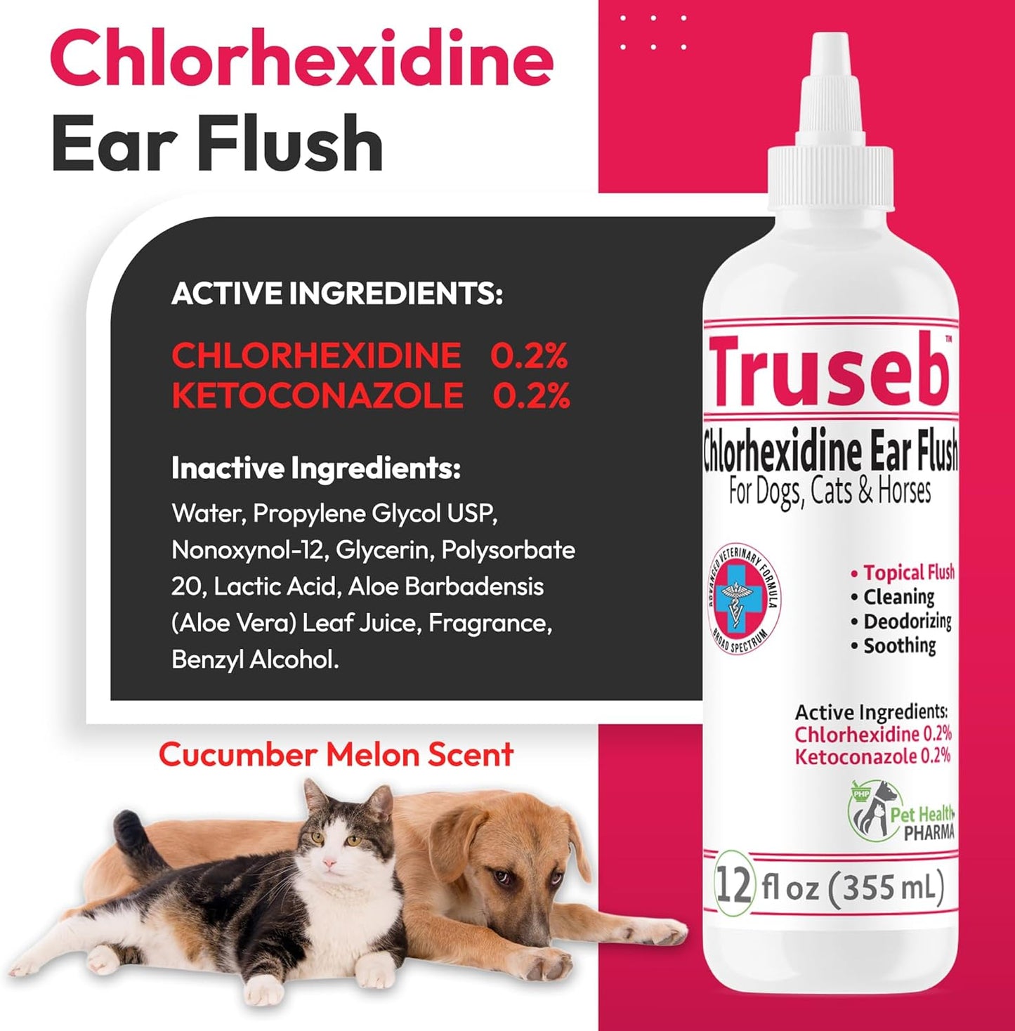 All Natural Ear Flush for Dogs & Cats, Ketoconazole & Chlorhexidine Ear and Vet-Strength Ear wash with a Light Scent (USA) (Ketoconazole & Chlorhexidine Ear Flush, 12 oz)