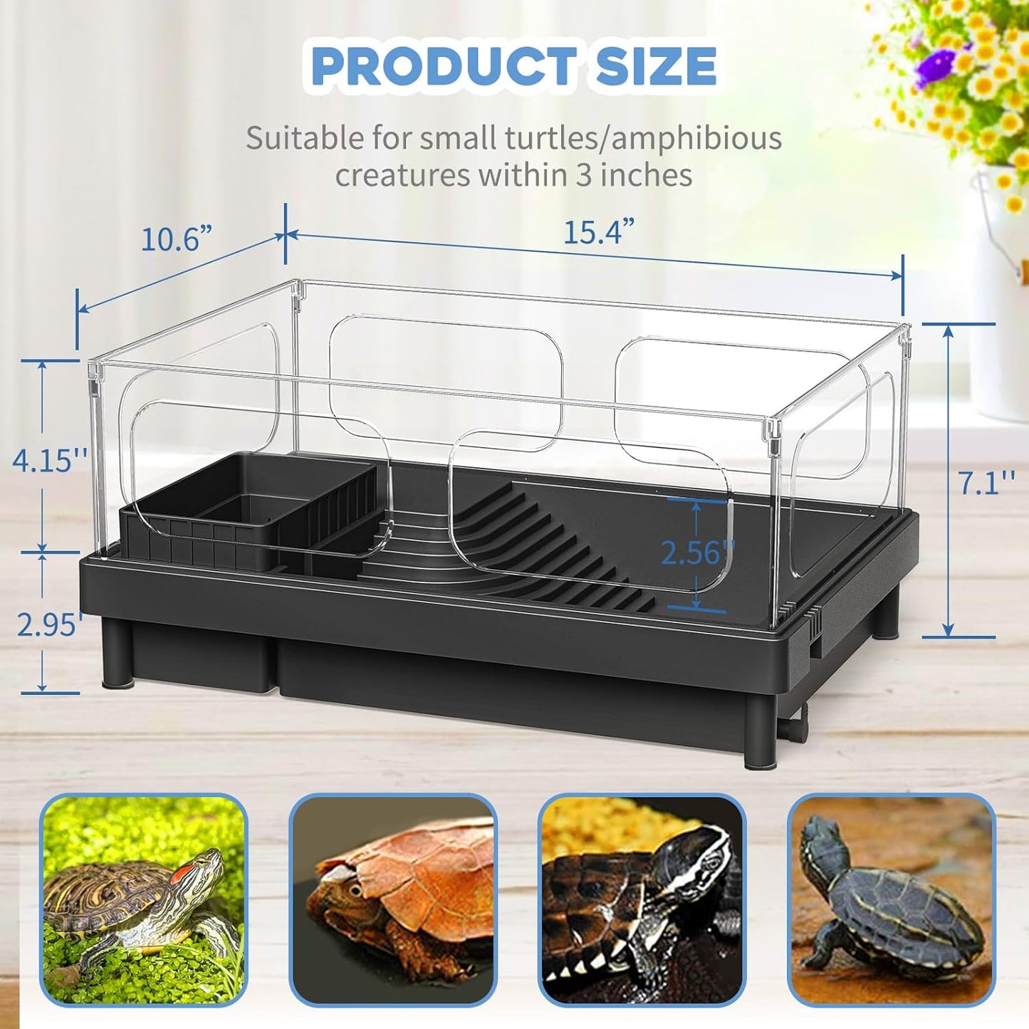 Small Turtle Tank, Aquarium, Acrylic Terrarium with Basking Platform, Bottom Drainage, Multi-Function Areas for Turtles, Crabs, Crayfish, Reptiles.(Black+Filter) - Pawvie