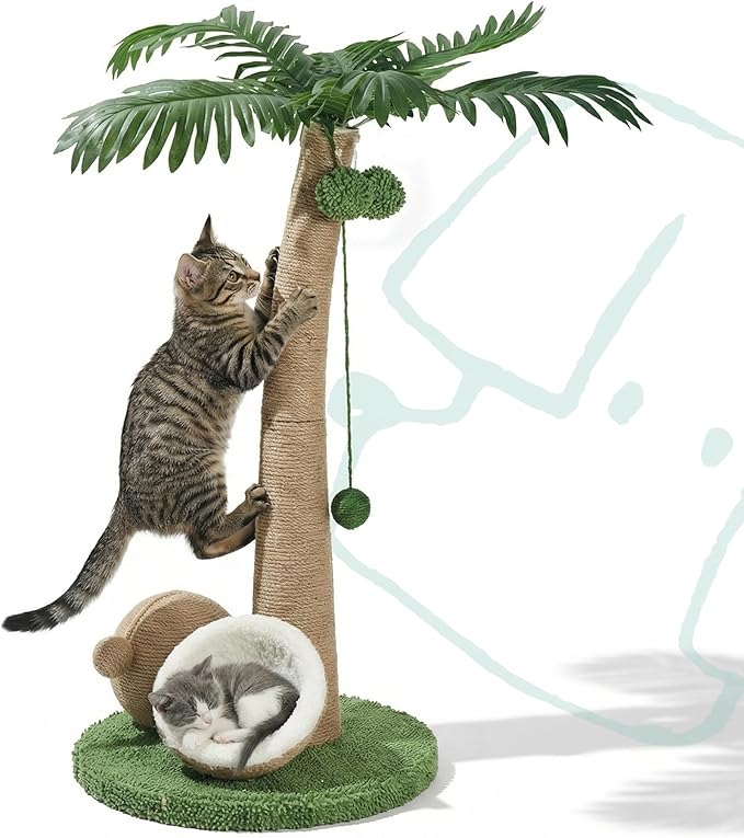 Cat Scratching Post 33 Inch Palm Tree with Hanging Balls and Double Coconut Toys, Cat Scratcher for Indoor Kittens, Extra Stable Base, Paw-Friendly Jute Material M