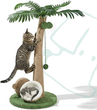 Cat Scratching Post 33 Inch Palm Tree with Hanging Balls and Double Coconut Toys, Cat Scratcher for Indoor Kittens, Extra Stable Base, Paw-Friendly Jute Material M