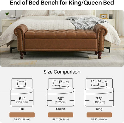58.1'' Storage Bench Upholstered PU Leather End of Bedroom Bed Bench Ottoman with Tufted Cushioned Rolled Arm Large Storage Space for Reading Living Room Entryway, Brown