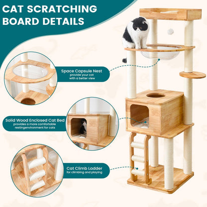 65-inch Tall Cat Tree，Cat Tower for Indoor Cats with Feel-Safe Enclosed Cat Cave、Scratching Post、Space Capsule Nest and Cat Ladder