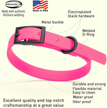 Dogline Biothane Waterproof Dog Collar Strong Coated Nylon Webbing with Black Hardware Odor- Proof for Easy Care Easy to Clean High Performance Fits Small Medium or Large Dogs, Passionfruit Pink