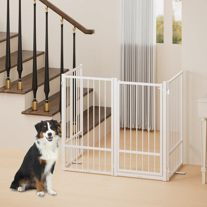 Full Metal Freestanding Dog Gate with Door, 36''Height Foldable Pet Dog Fence for Indoor & Outdoor, 4 Panels Extra Wide Free Standing TallDog Gates for Doorways,House,Stairs,Porch,Deck,Yard