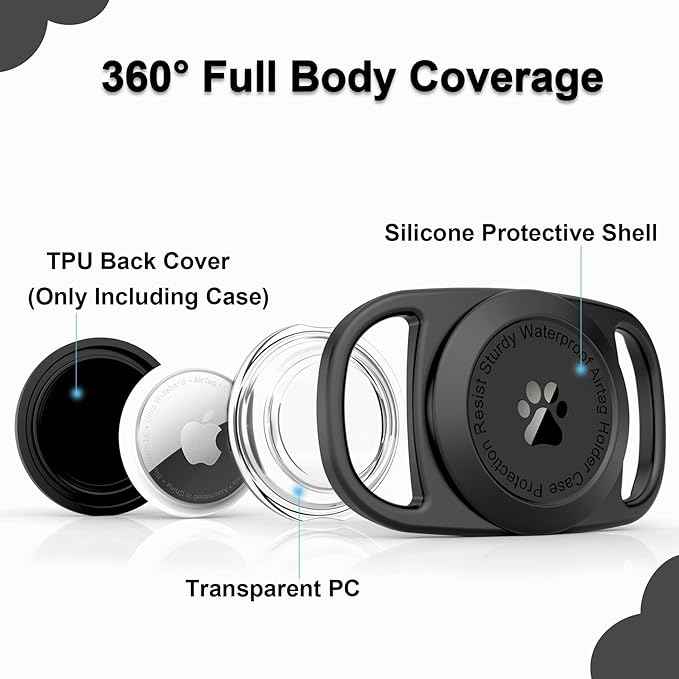 Air-tag Dog Collar Holder, [4 Pack], Waterproof Protective Case for Apple Air-Tag, Durable & Lightweight with Full-Body Protection, Soft Silicone, Black