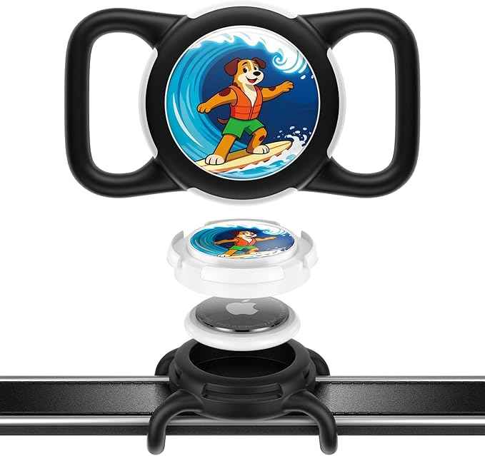 Dog AirTag Holder for Dog Collar, Soft Silicone Slide-On Case for Apple AirTag, No-Dangle Quiet Protective Holder with Eye-Catching Pet Character Designs, Black-Surfer