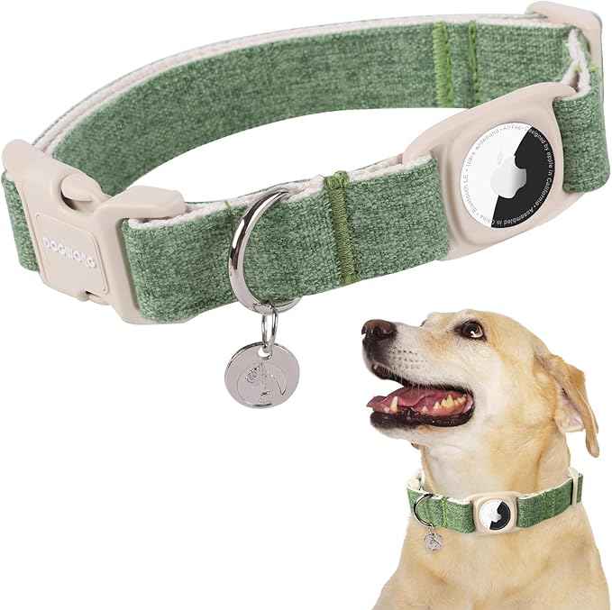 DOGWONG Airtag Cotton Hemp Dog Collar, Heavy-Duty Dog Collar with Airtag Holder Green Natural Fabric Pet Cute Puppy Necklace for Small Medium Large Dogs