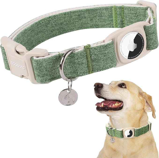 DOGWONG Airtag Cotton Hemp Dog Collar, Heavy-Duty Dog Collar with Airtag Holder Green Natural Fabric Pet Cute Puppy Necklace for Small Medium Large Dogs