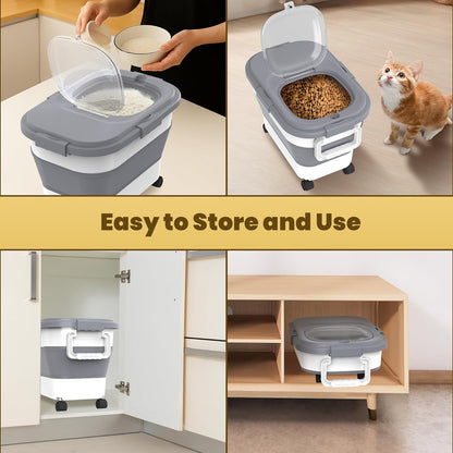 HOYTAMDA 20-30Lbs Rice Container,Collapsible Airtight Food Storage Containers with Wheels,Handle,Rice Storage Container with Small Bin and Scoop,Rice Dispenser for Flour Sugar Cereal Grain Dog Cat