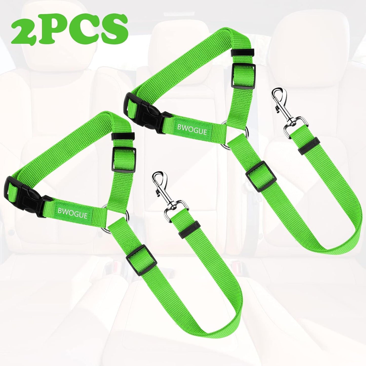 BWOGUE 2 Packs Dog Cat Safety Seat Belt Strap Car Headrest Restraint Adjustable Nylon Fabric Dog Restraints Vehicle Seatbelts Harness Green
