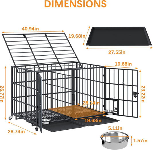 aboxoo 42/48 inch Heavy Duty Metal Dog Crate for 2 Dogs/Large Dog,All Metal Open Top Stackable,Dog Kennel Indoor with Wheels,Floor Grid, Tray, Divider and Feeding Bowl