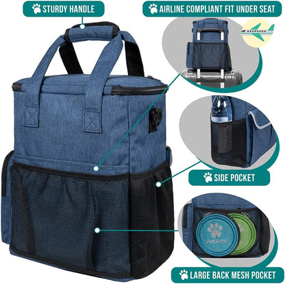 PetAmi Dog Travel Bag Pet Supplies Accessories Organizer for Traveling, Camping, Weekend; Cat Pet Travel Bag Kit Includes 2 Food Storage Containers, 2 Collapsible Bowls, 1 Feeding Mat (Navy Blue)