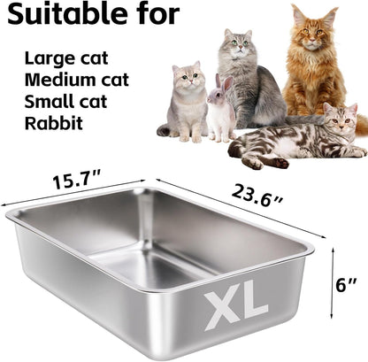 Stainless Steel Litter Box -6in High Sided,XL Metal Cat Litter Box for Big Cats Easy to Clean, Cat LitterBox Metal Pet Toilet for Adult Big Cats,Non Stick, No Smell,23.6"x15.8"x6"