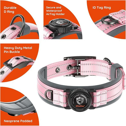 Upgraded AirTag Dog Collar with Holder, Waterproof Reflective Air Tag Dog Collar with Widened Comfortable Padding & Ultra-Durable Metal Buckle, Adjustable for Medium (Pink, Small)