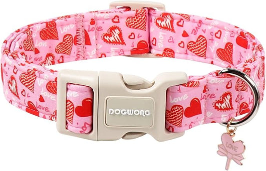 DOGWONG Valentine's Dog Collar - Pink Heart Adjustable Cotton Heart Dog Collar - Cute Dog Collars Perfect for Small Dogs