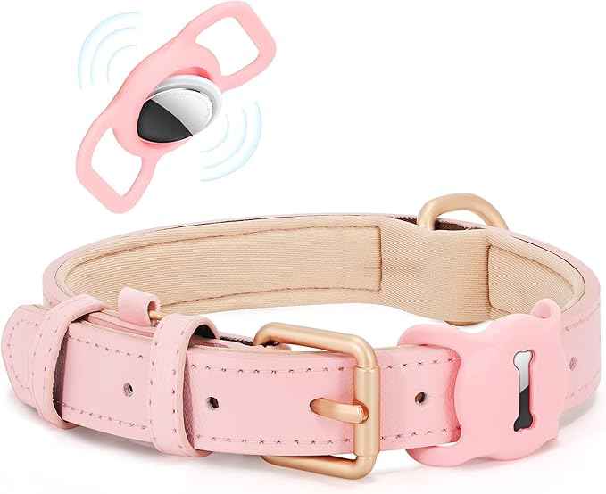 Airtag Leather Dog Collar for Small Medium Large Dog Adjustable Soft Padded Air Tag Puppy Collar Heavy Duty Metal Buckle Collar with Anti-Lost Airtag Holder Protective Case,L,Pink