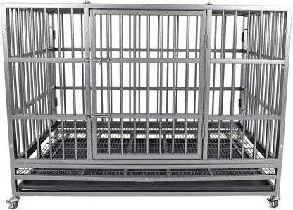 Indestructible Dog Crate Cage Kennel, 47 inches, High Anxiety Dog Crate with Removable Trays, Wheels and Double Door, for Medium and Large Dogs