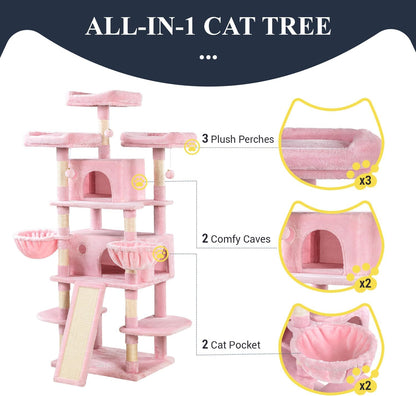 Allewie 68 Inches Cat Tree/House and Towers for Big Feline/Scratching Post/Multi-Level Large Kitty Climbing Tree with Condo/Pink