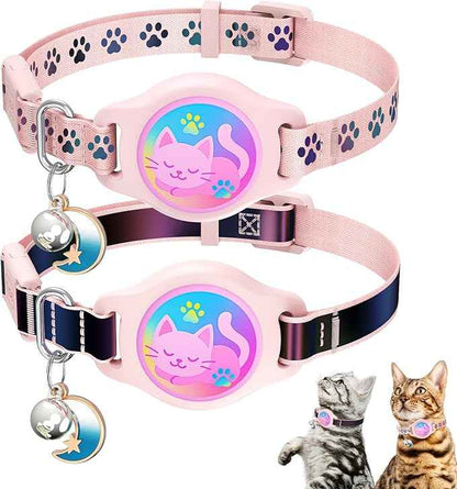 Cat Collar with Airtag Holder, 2 Pack Waterproof Breakaway Kitten Collar for Apple AirTag GPS Tracker, Adjustable Cat Collar with Buckle, Bell & Reflective Pattern for Cats, Kittens, Pink (8-11")