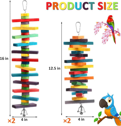 JaGely 4 Pcs Bird Parrot Toys with Multicolored Natural Wood Blocks, Bird Chew Toys for Large Medium Parrots Macaws Lovebirds Doves Cockatiels Conures Parakeets Chewing Biting Foraging, 2 Designs