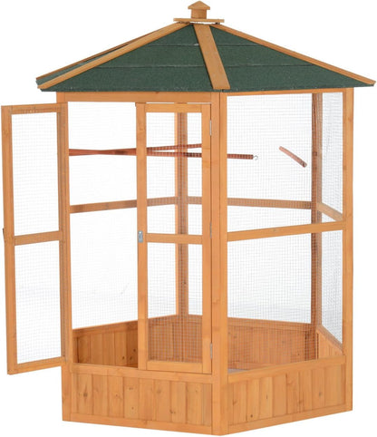 PawHut 69" Large Wooden Hexagonal Outdoor Aviary Flight Bird Cage with Covered Roof, Brown