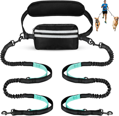 Hands Free Dog Leash with Pouch, Double Leash for Two Dogs, Retractable Bungee with Double Padded Handles, Waist Leash for Dog Walking, Running Leash for Dogs, Dog Walking Accessories