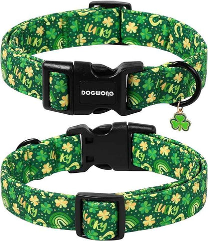 DOGWONG St Patrick's Dog Collar, Green Clover Pet Collar Cotton Shamrock Pet Collar Cute Puppy Collar Adjustable Pet Dog Collars for Medium Dogs,M