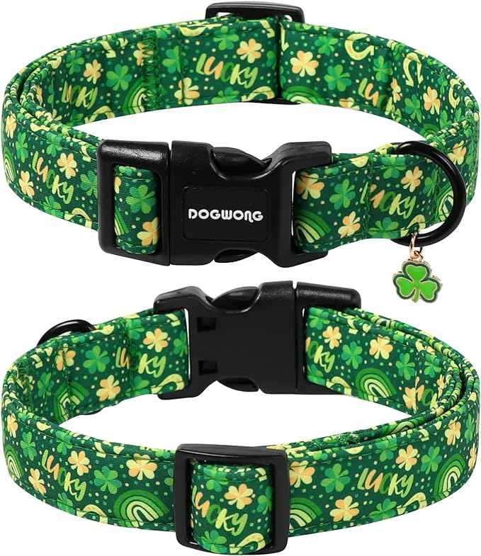 DOGWONG St Patrick's Dog Collar, Green Clover Pet Collar Cotton Shamrock Pet Collar Cute Puppy Collar Adjustable Pet Dog Collars for Large Dogs,L