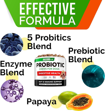 StrellaLab Dog Probiotics Treats for Picky Eaters (180ct) - Digestive Enzymes + Prebiotics - Chewable Fiber Supplement - Allergy, Diarrhea, Gas, Constipation, Upset Stomach Relief - Improve Digestion