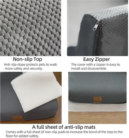 4 Step Pet Stairs Ramp for High Beds Sofas 18-24 Inch with Sturdy Non Slip Waterproof Pads, Machine Washable Cover Indoor Balanced Design for Cats Dogs Small Medium Large XL Pets Grey