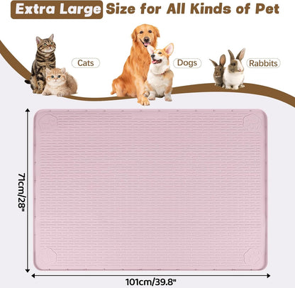 Cat Food Mat, 40" x 28" Extra Large Silicone Pet Feeding Mat with Raised Edge Pet Placemat for Food and Water Bowl Non-Slip, Easy to Clean, Floor Protection (Pink)