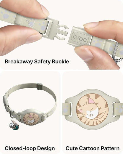 Cat Tracker Collar - Waterproof Airtag Cat Collar with Finder Tag (iOS ONLY), Compatible with Apple Find My, Breakaway Tractive Design with Reflective Pattern & Bell, Khaki(Not for Android Devices)