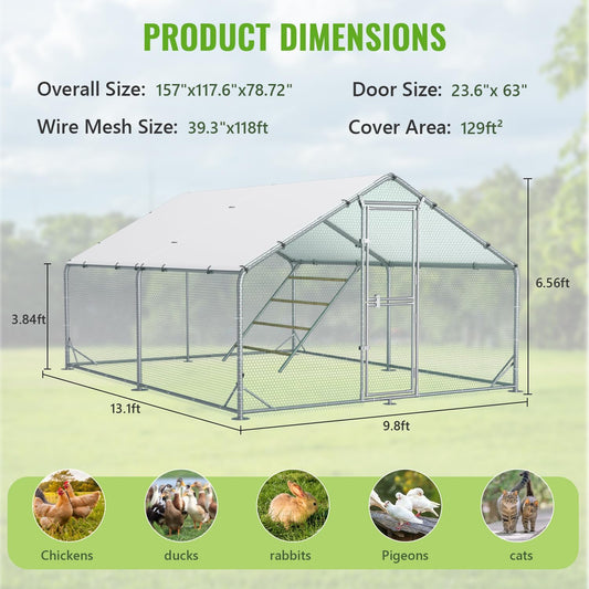 Large Metal Chicken Coop, 10x13x6.5FT Chicken Runs for Yard with Cover