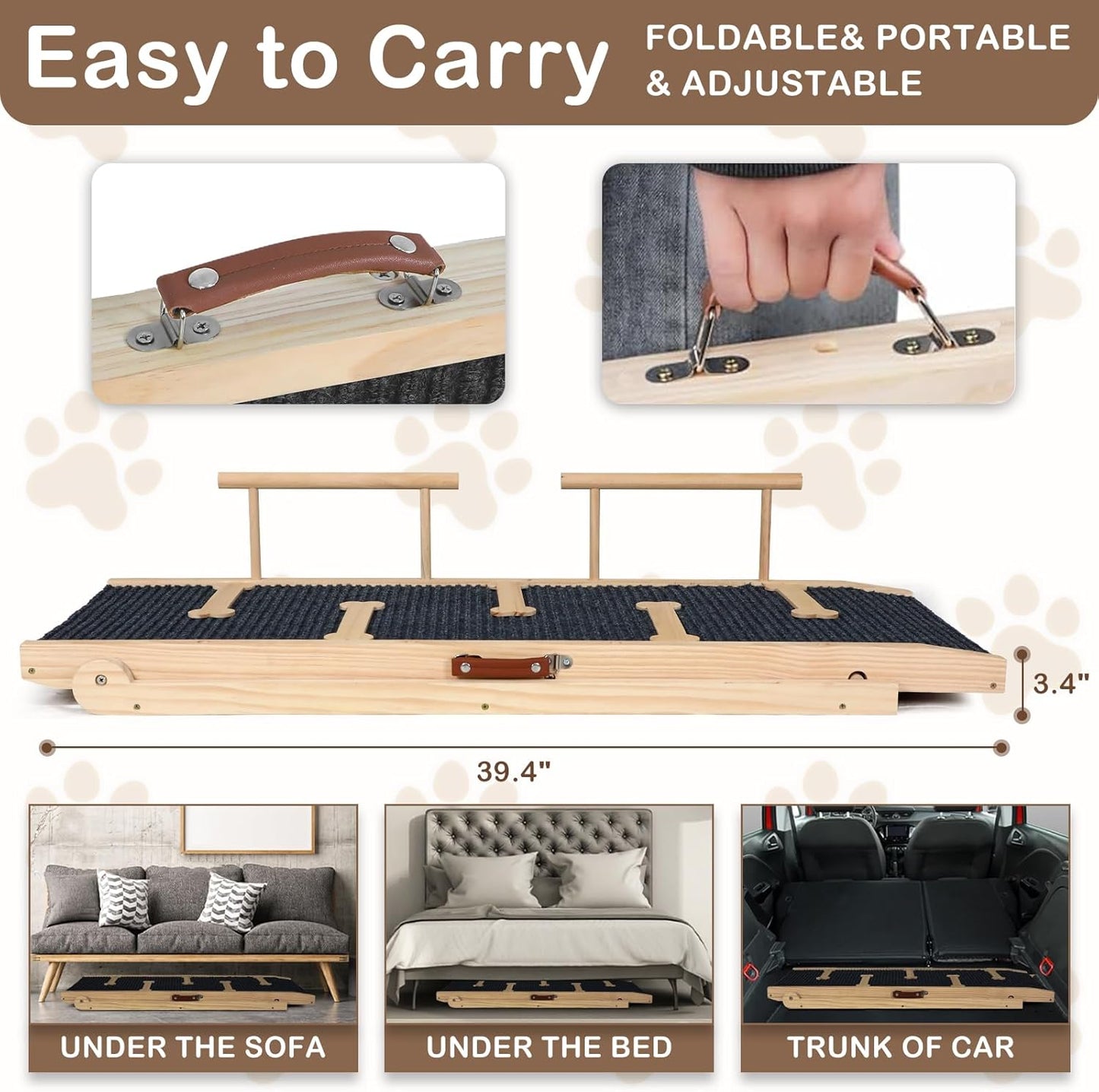 Dog Ramp for Bed, Non-Slip Pet Ramp with 5 Adjustable Heights, Portable Foldable Wooden 40" Long Pet Stairs for Small & Large Old Dogs & Cats - Lightweight & Easy Storage - Pawvie