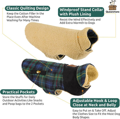 Queenmore Dog Winter Coat Warm Dog Jacket for Cold Weather, Quilting Puffer Plaid Coats for Small/Medium Dogs Waterproof,Girl/Boy Pet Christmas Coat,Pet Snowsuit with Leash Hole/Fleece Padding, L