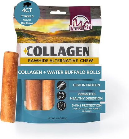 Wild Eats Water Buffalo Flavor Collagen Retriever Style Cheek Rolls 5" Dog Chews-4 Pack (Long Lasting Dog Chews Treats & Bones for Medium Dogs) Substitute for Pig Ears for Dogs