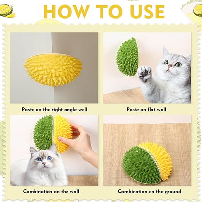 Hiboom 2 Pcs Cat Wall Corner Scratcher Durian Shaped Self Groomer Face Scratcher Massage Comb Grooming Brush Tool for Indoor Long & Short Fur Kitten Dogs, Green and Yellow