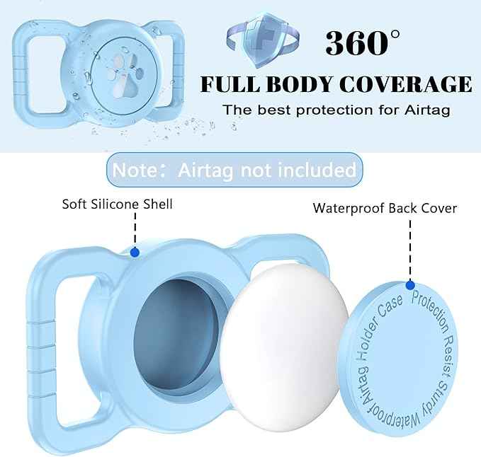 Dog Airtag Holder, Waterproof Airtag Holder for Dog Collar, Fit Most of Collar Widths, Silicone Full Body Covered Anti-Lost Protective Air Tag Case, Ease of Installation, 1 Pack Light Blue